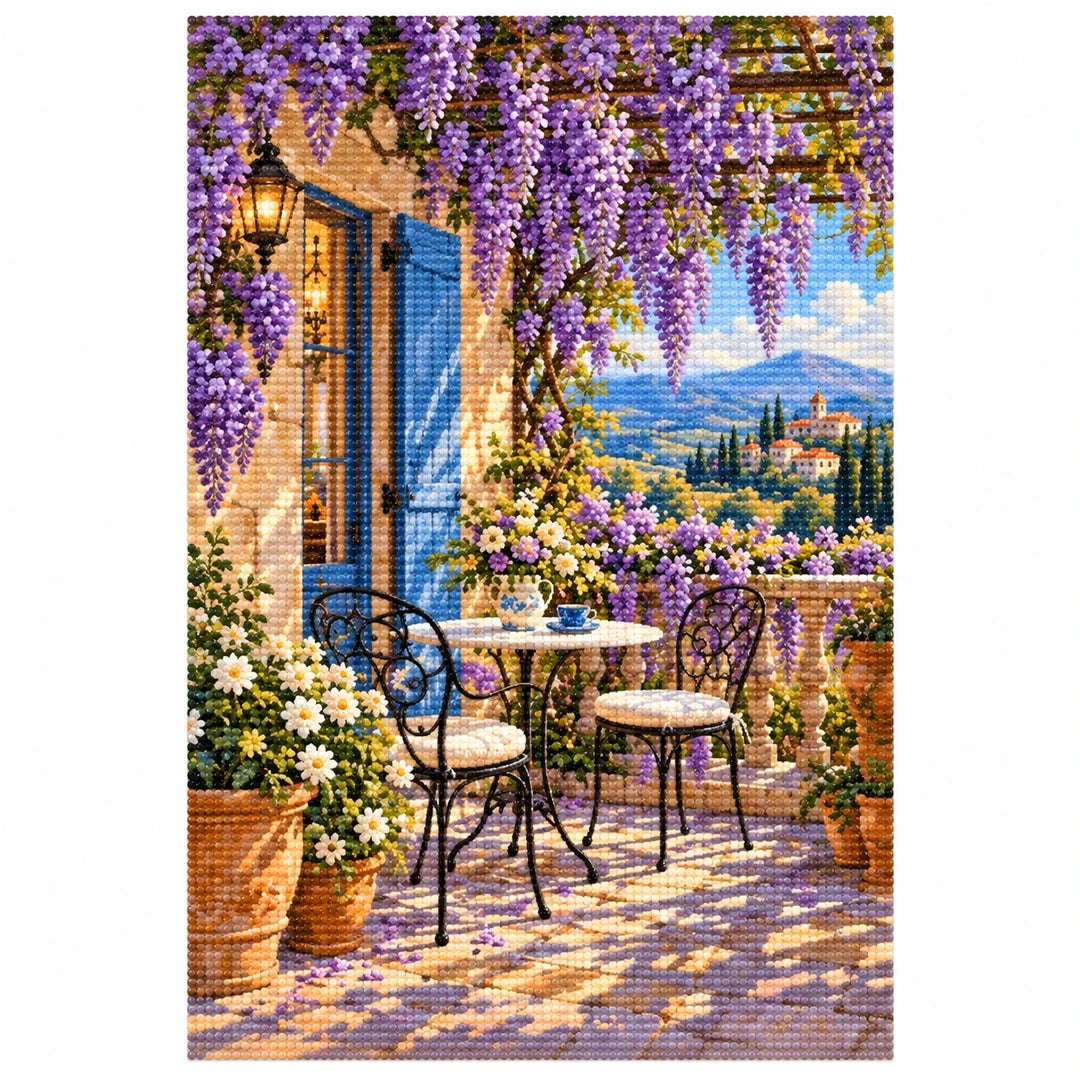 Wisteria Terrace Lake Diamond Painting Kit finished diamond artwork on white background