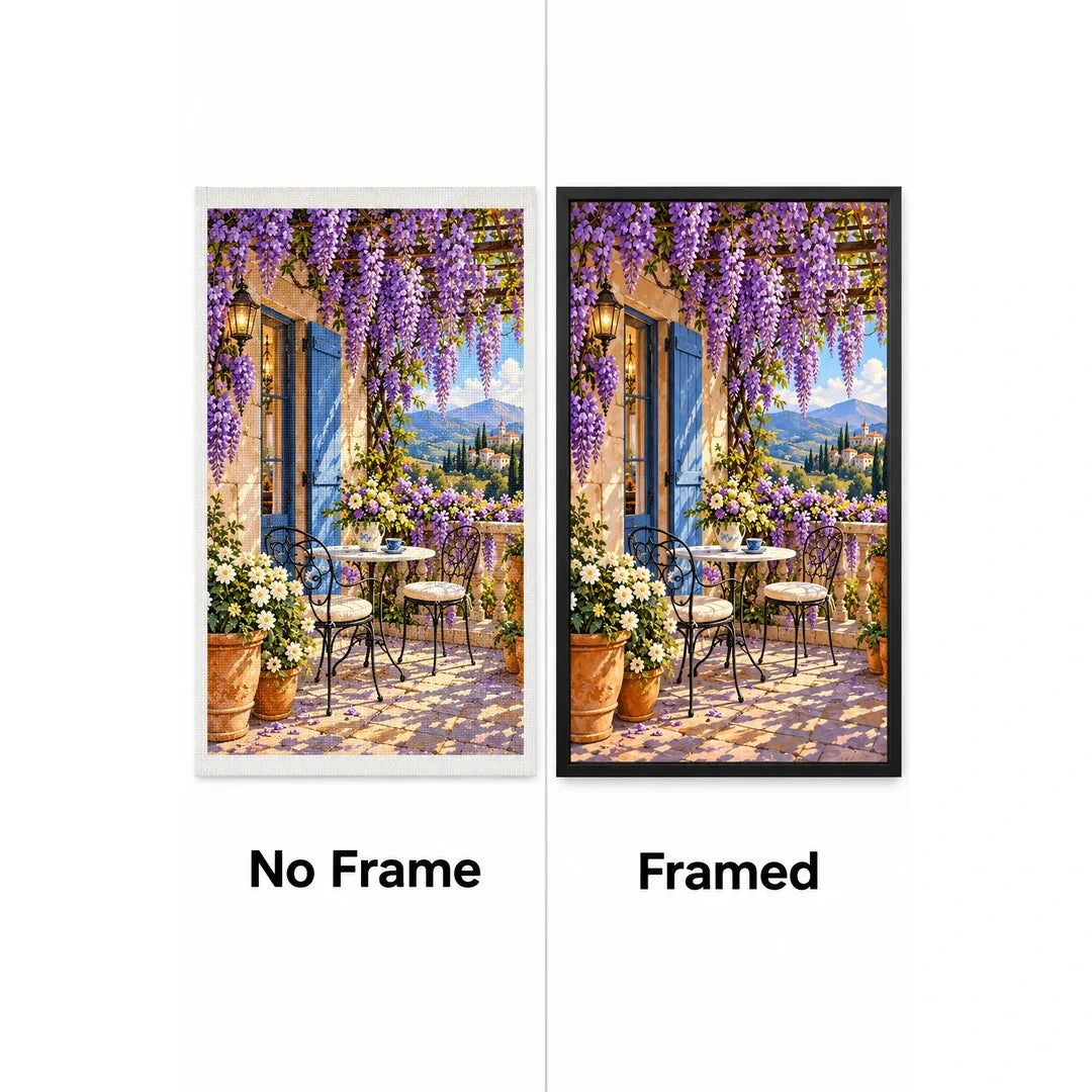 Wisteria Terrace Lake Diamond Painting Kit No Frame and Framed comparison