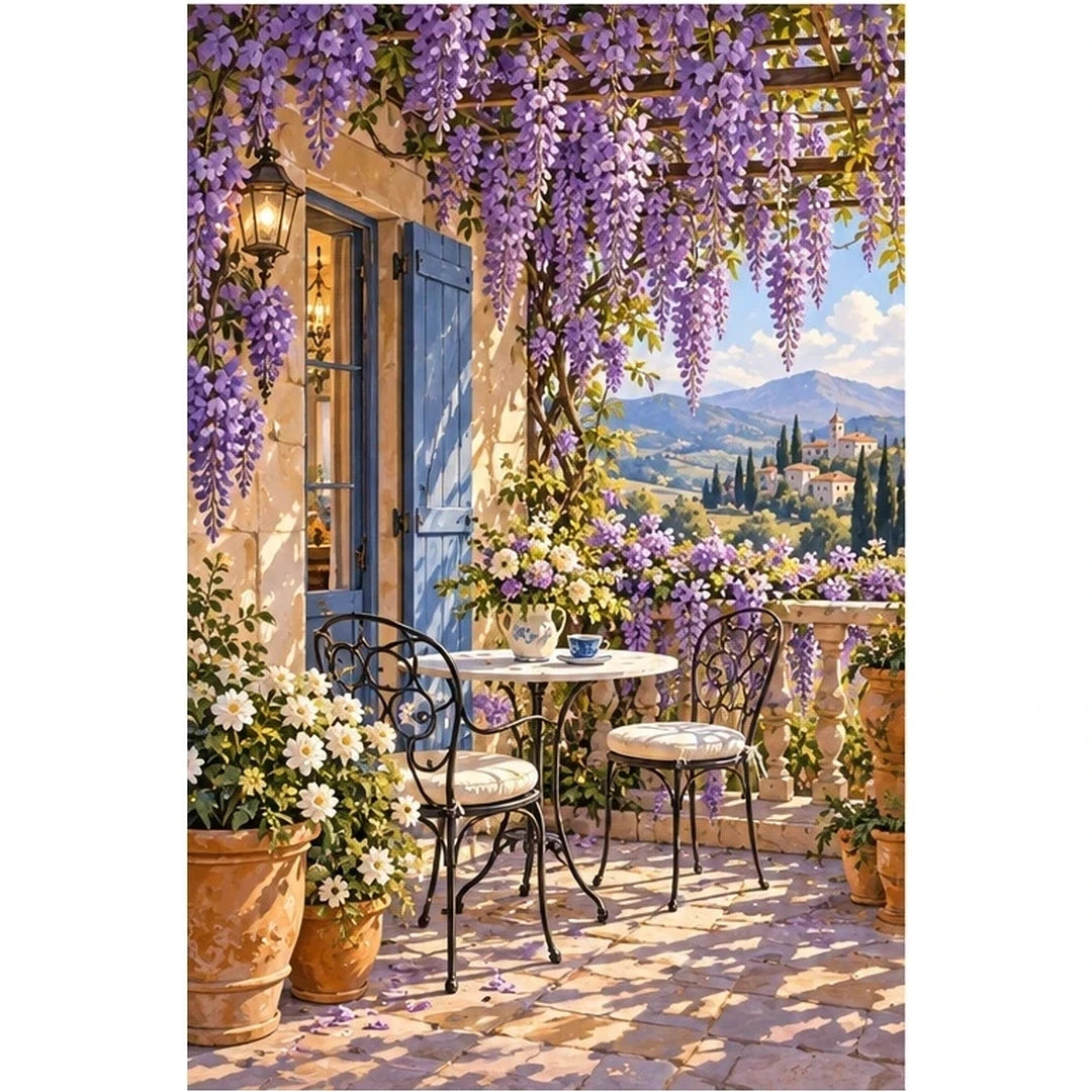 Wisteria Terrace Lake original artwork on white background