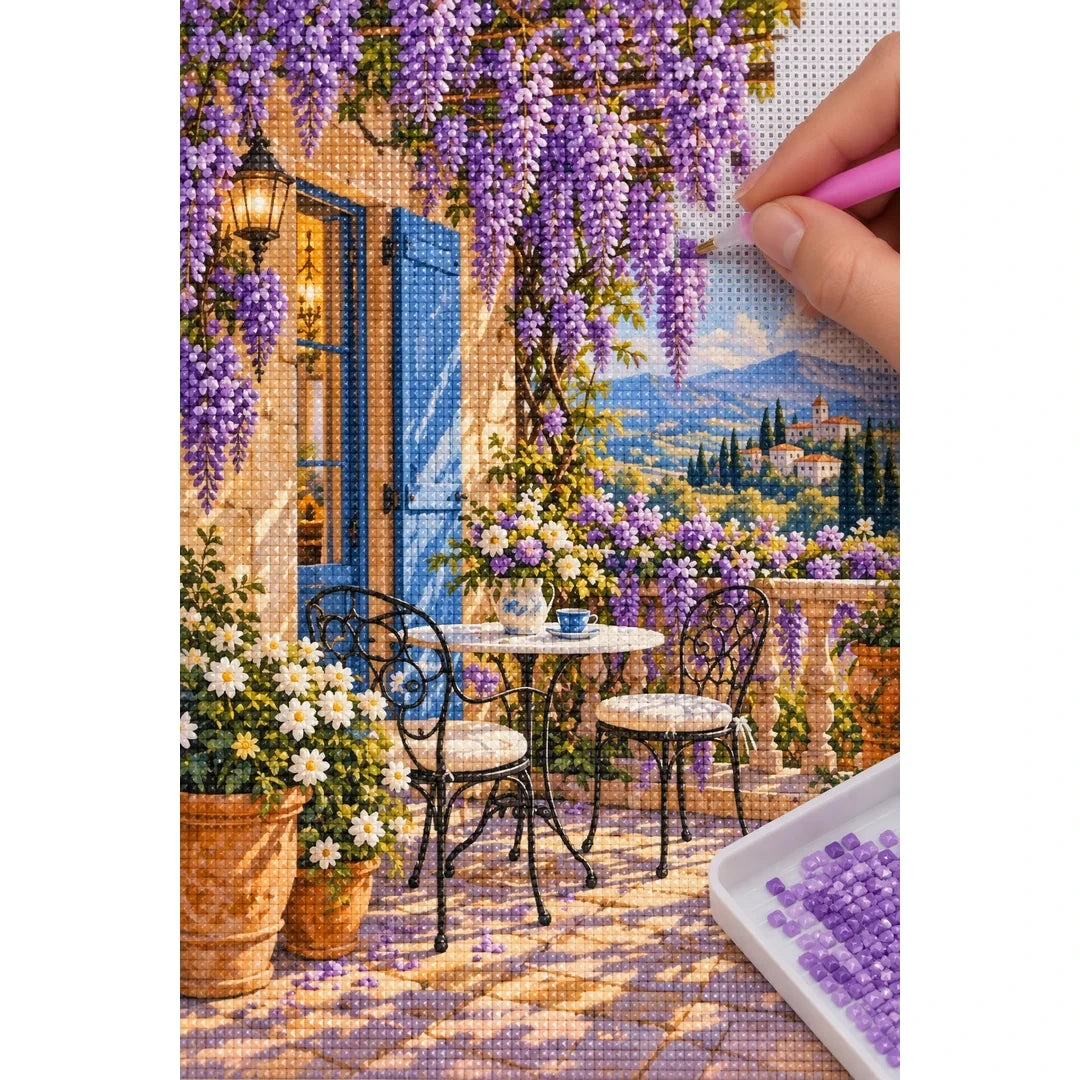 Wisteria Terrace Lake Diamond Painting Kit diamond placement process