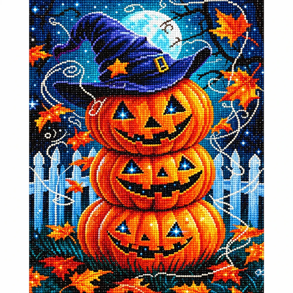 Witch Hat Pumpkin Stack Diamond Painting Kit finished diamond artwork on white background