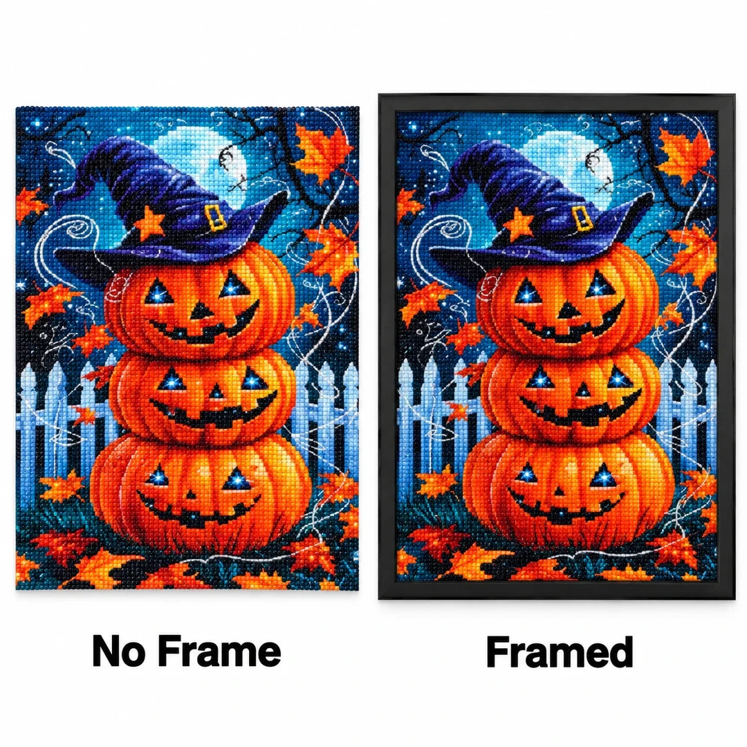 Witch Hat Pumpkin Stack Diamond Painting Kit No Frame and Framed comparison