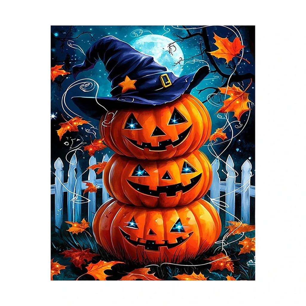 Witch Hat Pumpkin Stack Diamond Painting Kit original artwork on white background