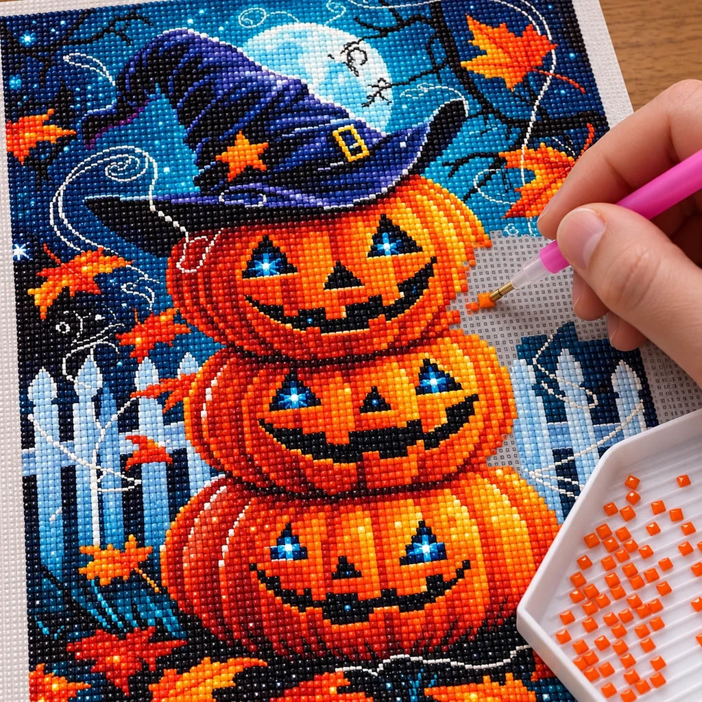 Witch Hat Pumpkin Stack Diamond Painting Kit diamond placement process