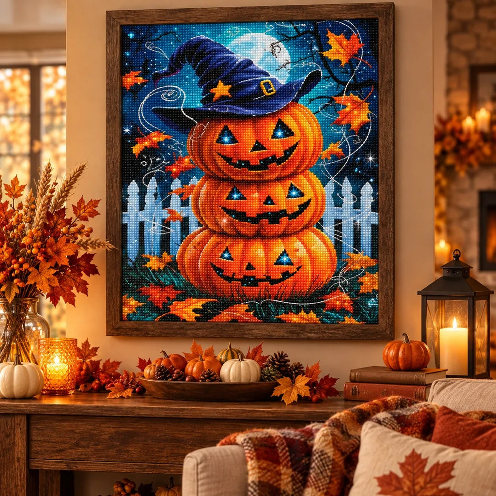 Witch Hat Pumpkin Stack Diamond Painting Kit autumn home decor scene