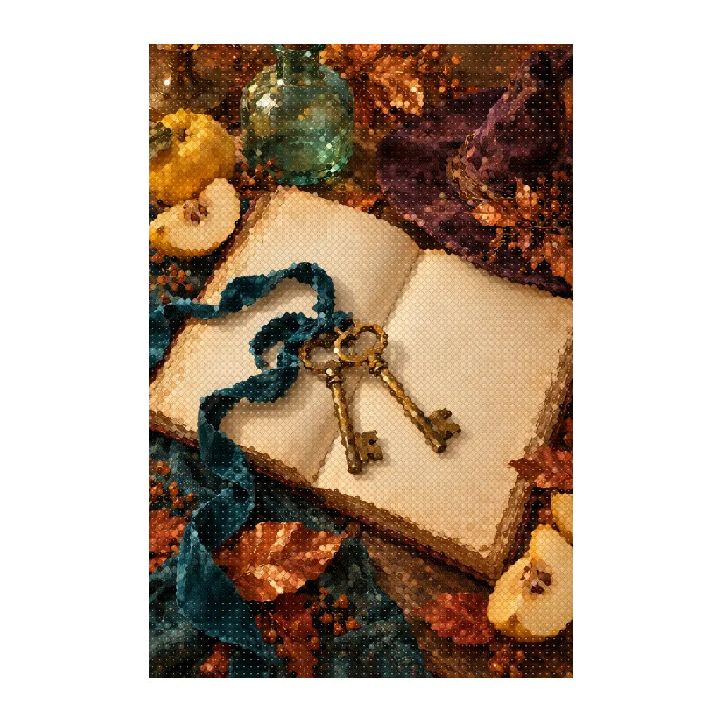 White-background finished diamond painting of witch's autumn keys