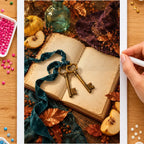 Hands placing drills on the witch's autumn keys diamond painting canvas