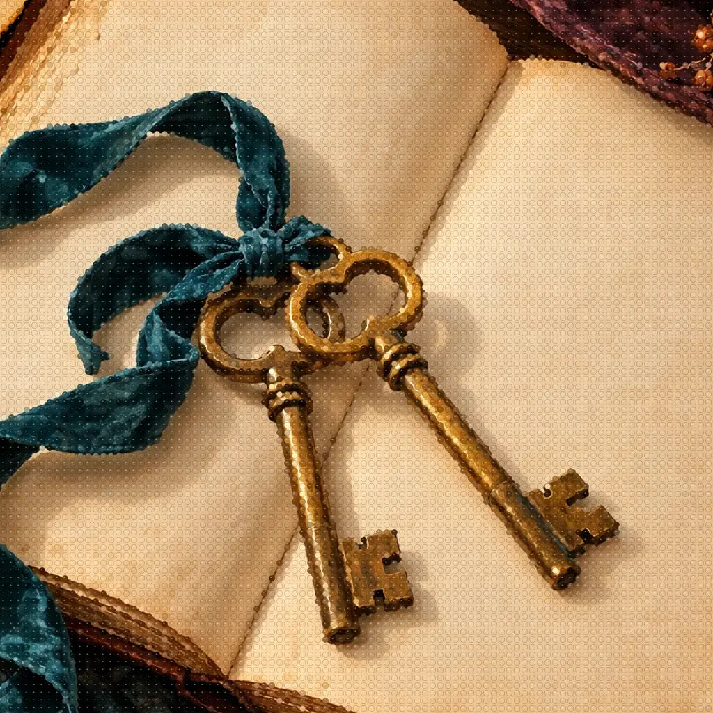 Close-up diamond detail of the witch's autumn keys diamond painting