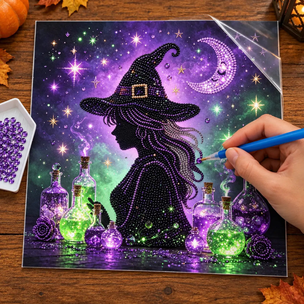 Witch Silhouette and Potions Pearl Diamond Painting Kit process image