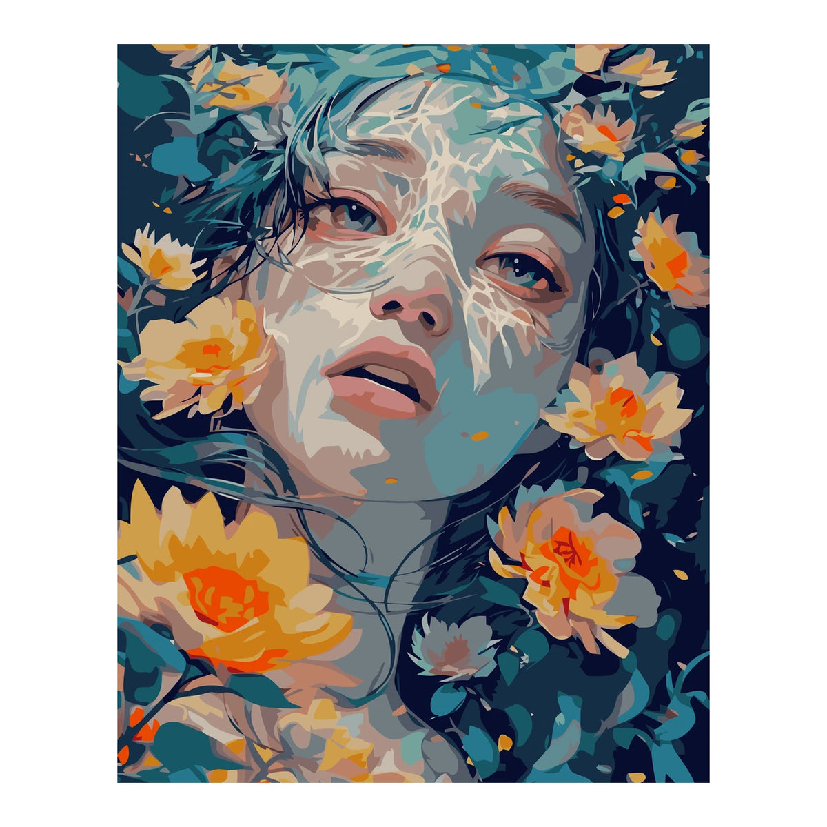 Original artwork showing a woman’s portrait surrounded by golden and blue flowers.