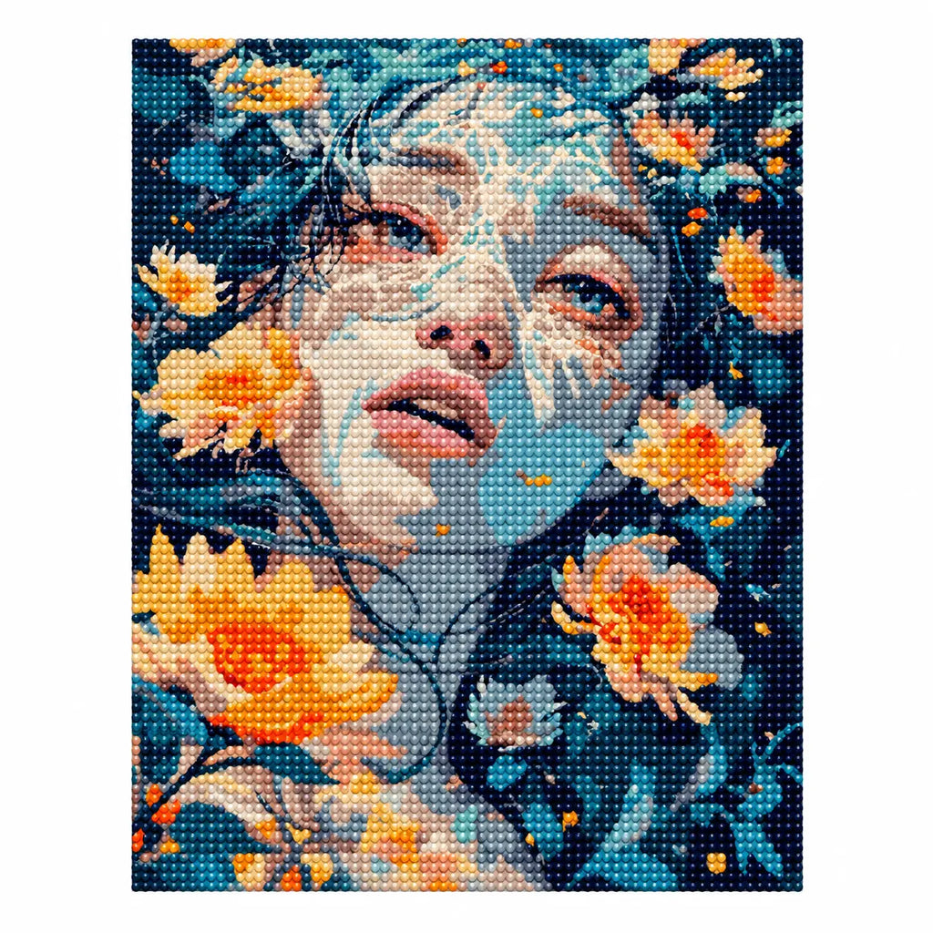 Finished diamond painting showing a woman’s portrait surrounded by golden and blue flowers.