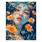 Finished diamond painting showing a woman’s portrait surrounded by golden and blue flowers.