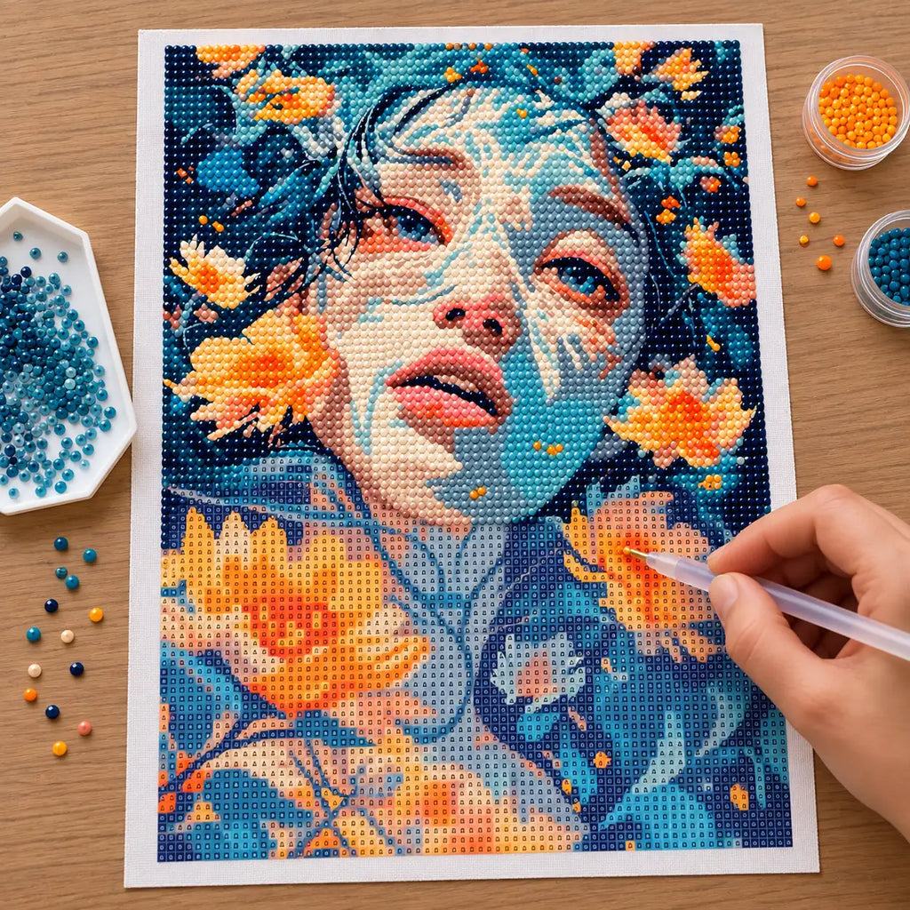 Hands applying drills to a canvas showing a woman’s portrait surrounded by golden and blue flowers.