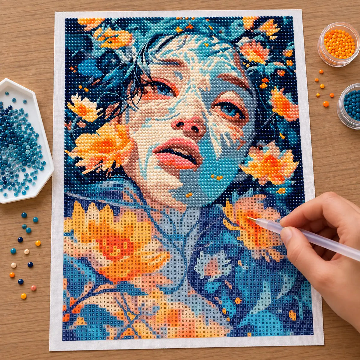 Hands applying drills to a canvas showing a woman’s portrait surrounded by golden and blue flowers.