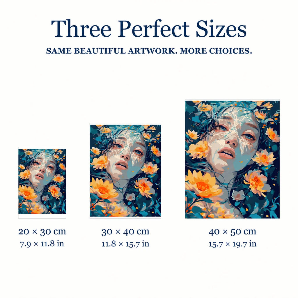 Size guide for Woman Among Golden Flowers Diamond Painting Kit: 20 × 30 cm, 30 × 40 cm, and 40 × 50 cm.