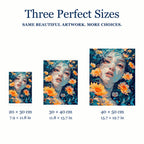 Size guide for Woman Among Golden Flowers Diamond Painting Kit: 20 × 30 cm, 30 × 40 cm, and 40 × 50 cm.