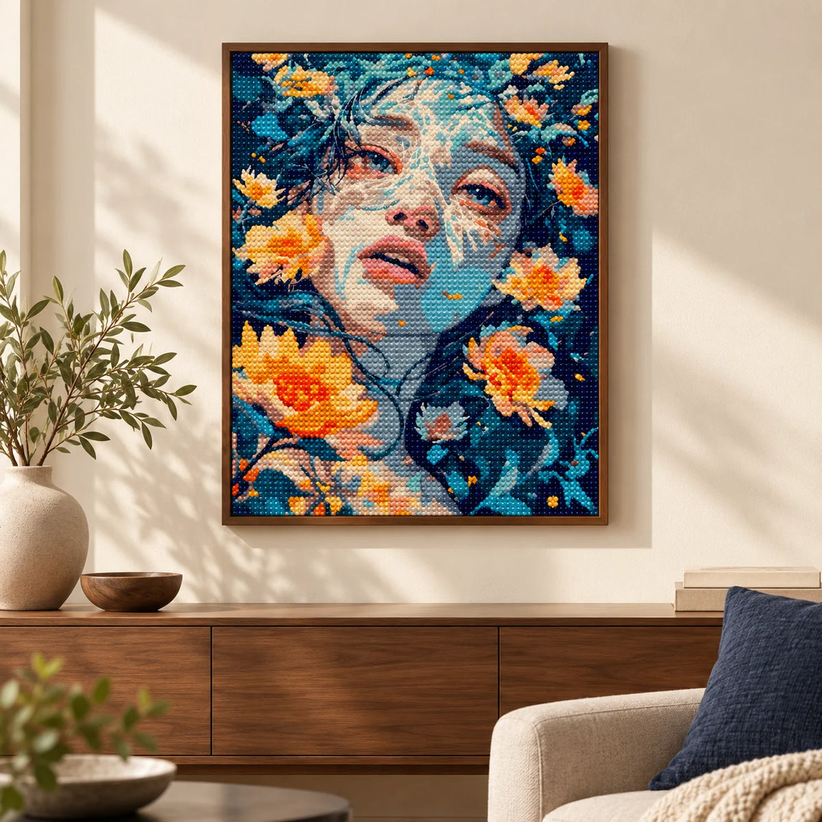 Home decor scene featuring a diamond painting of a woman’s portrait surrounded by golden and blue flowers.