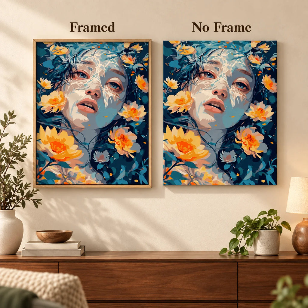 Framed and no-frame comparison for Woman Among Golden Flowers Diamond Painting Kit.