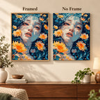 Framed and no-frame comparison for Woman Among Golden Flowers Diamond Painting Kit.