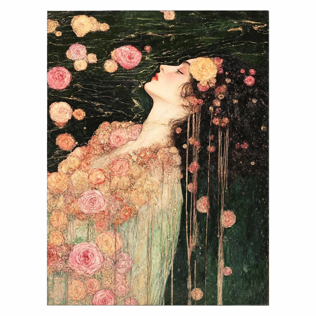 Original artwork showing a woman in a floral gown floating among roses on dark water.