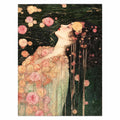 Original artwork showing a woman in a floral gown floating among roses on dark water.