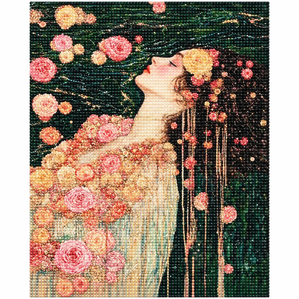 Finished diamond painting showing a woman in a floral gown floating among roses on dark water.