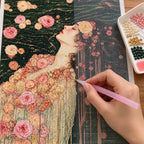 Hands applying drills to a canvas with a woman in a floral gown floating among roses on dark water.