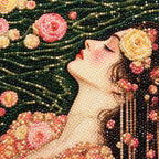 Close-up of diamond drills on artwork of a woman in a floral gown floating among roses on dark water.