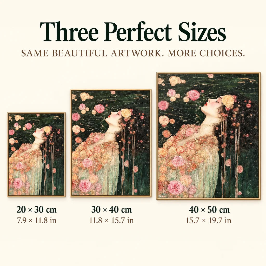 Size guide for Woman Among Roses in Dark Water Diamond Painting Kit: 20 × 30 cm, 30 × 40 cm, and 40 × 50 cm.