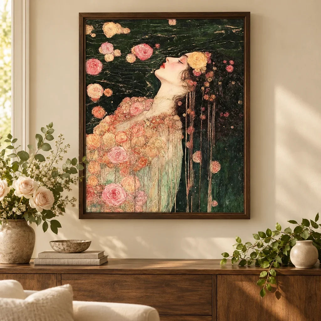 Framed home decor scene featuring a diamond painting of a woman in a floral gown floating among roses on dark water displayed on a wall.