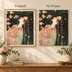 Framed and no-frame comparison for Woman Among Roses in Dark Water Diamond Painting Kit.