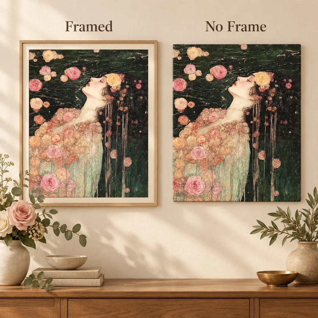Framed and no-frame comparison for Woman Among Roses in Dark Water Diamond Painting Kit.
