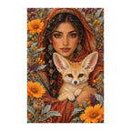 Finished white-background diamond painting of Woman and Fennec Fox