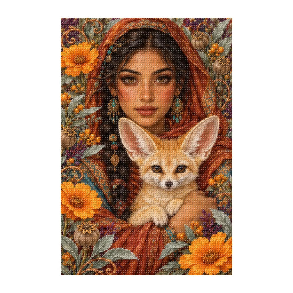 Finished white-background diamond painting of Woman and Fennec Fox