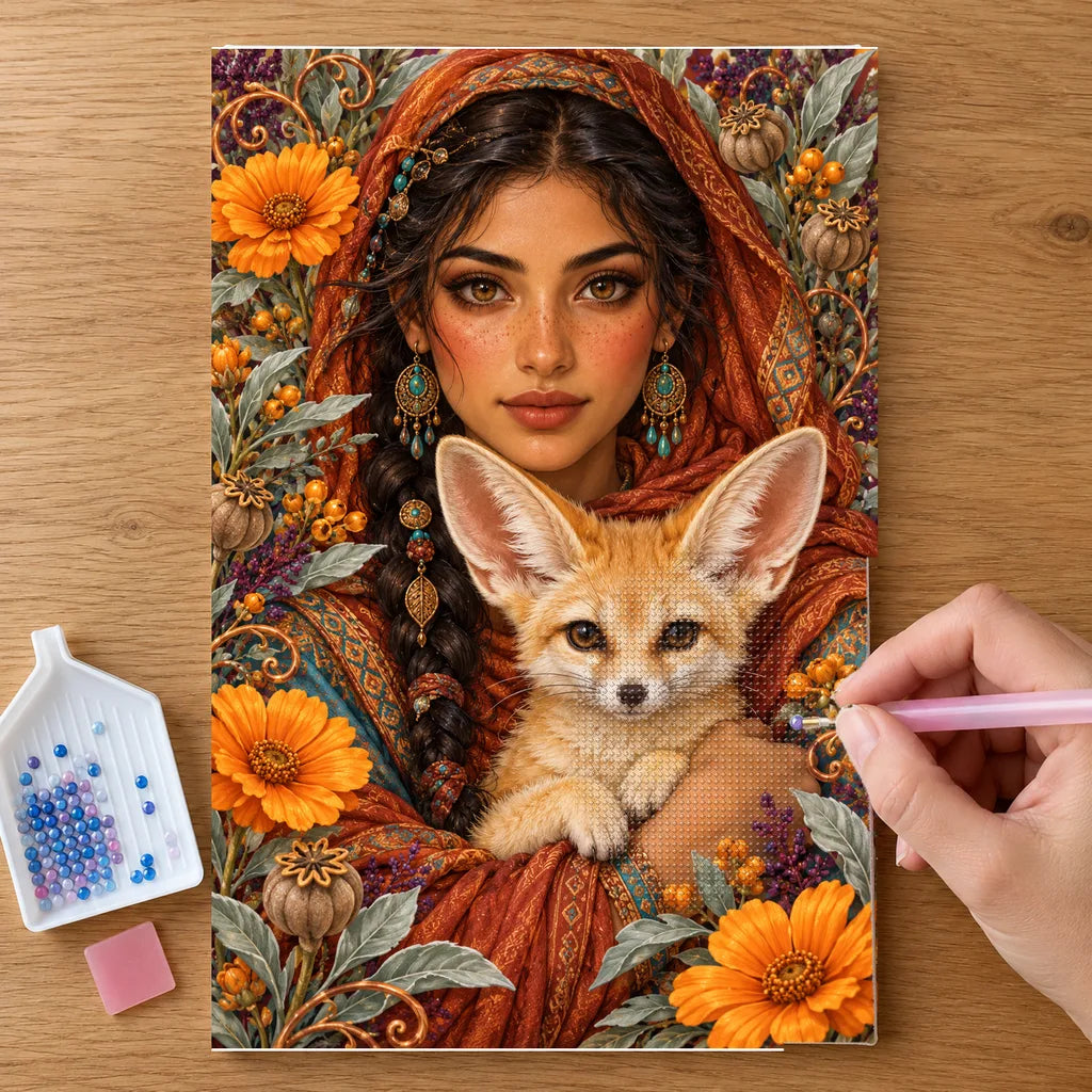Hands placing drills on the Woman and Fennec Fox diamond painting canvas
