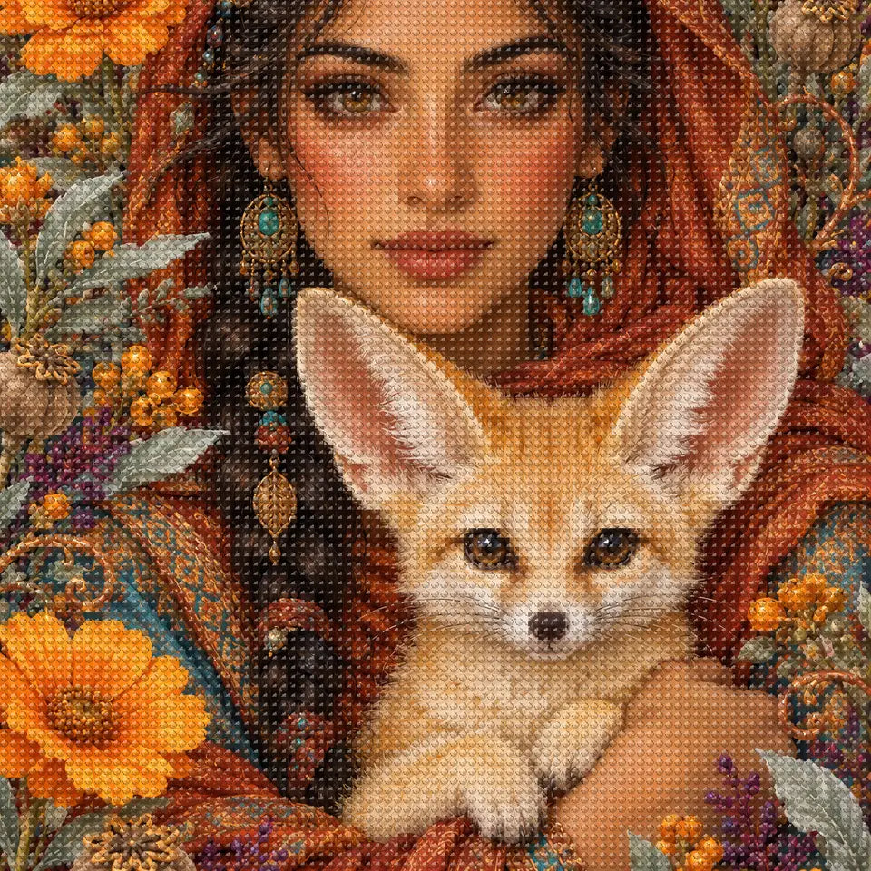 Close-up of sparkling drills on the Woman and Fennec Fox design