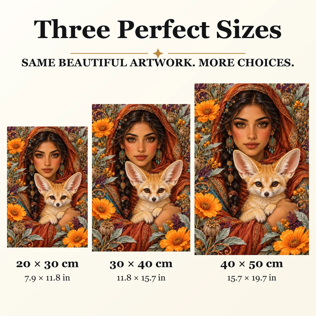 Woman and Fennec Fox diamond painting in 20 by 30, 30 by 40, and 40 by 50 centimeter sizes