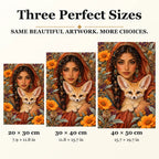 Woman and Fennec Fox diamond painting in 20 by 30, 30 by 40, and 40 by 50 centimeter sizes
