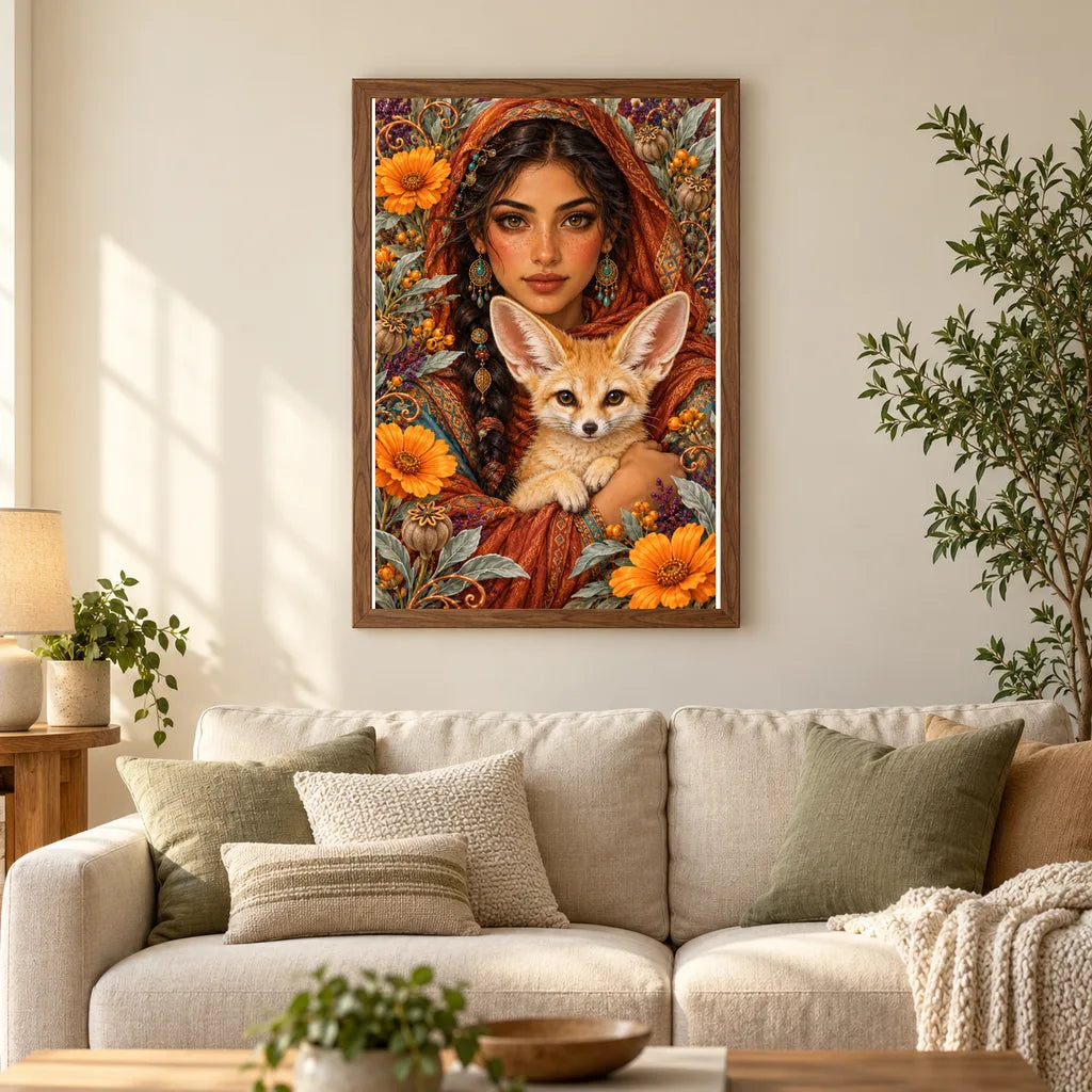 Framed Woman and Fennec Fox diamond painting displayed in a home interior