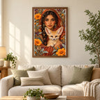 Framed Woman and Fennec Fox diamond painting displayed in a home interior