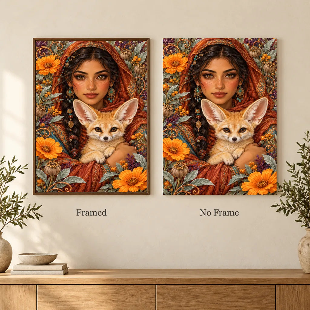 Framed and no-frame options for the Woman and Fennec Fox diamond painting