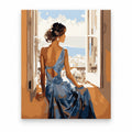Woman in Blue Dress at Window paint by numbers artwork on a front-facing canvas against a white background