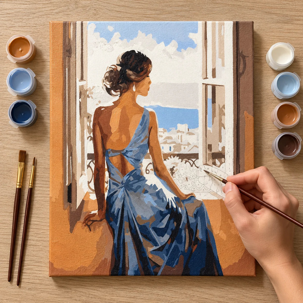 Complete Woman in Blue Dress at Window numbered canvas being painted with acrylic paints and brushes