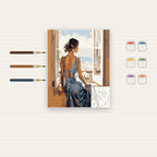 Complete Woman in Blue Dress at Window numbered canvas being painted with acrylic paints and brushes