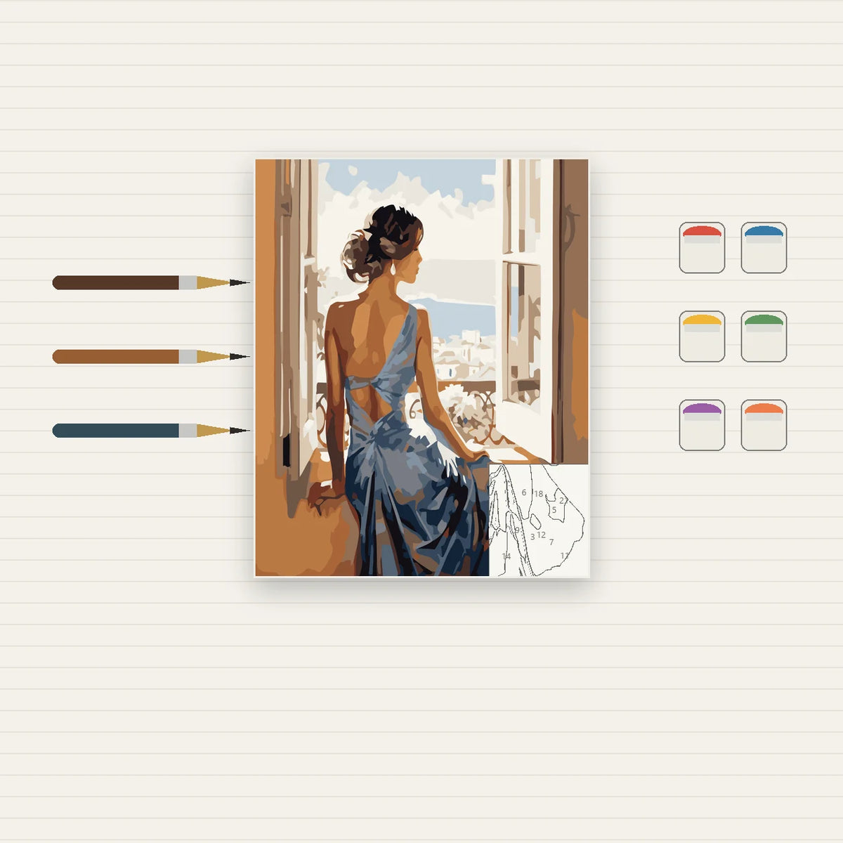 Complete Woman in Blue Dress at Window numbered canvas being painted with acrylic paints and brushes