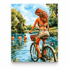 Woman Cycling by the Lake paint by numbers artwork on a front-facing canvas against a white background