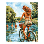 Woman Cycling by the Lake completed artwork on a clean white background