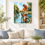 Woman Cycling by the Lake shown in a styled room with 15.7 × 19.7 in and 40 × 50 cm dimensions