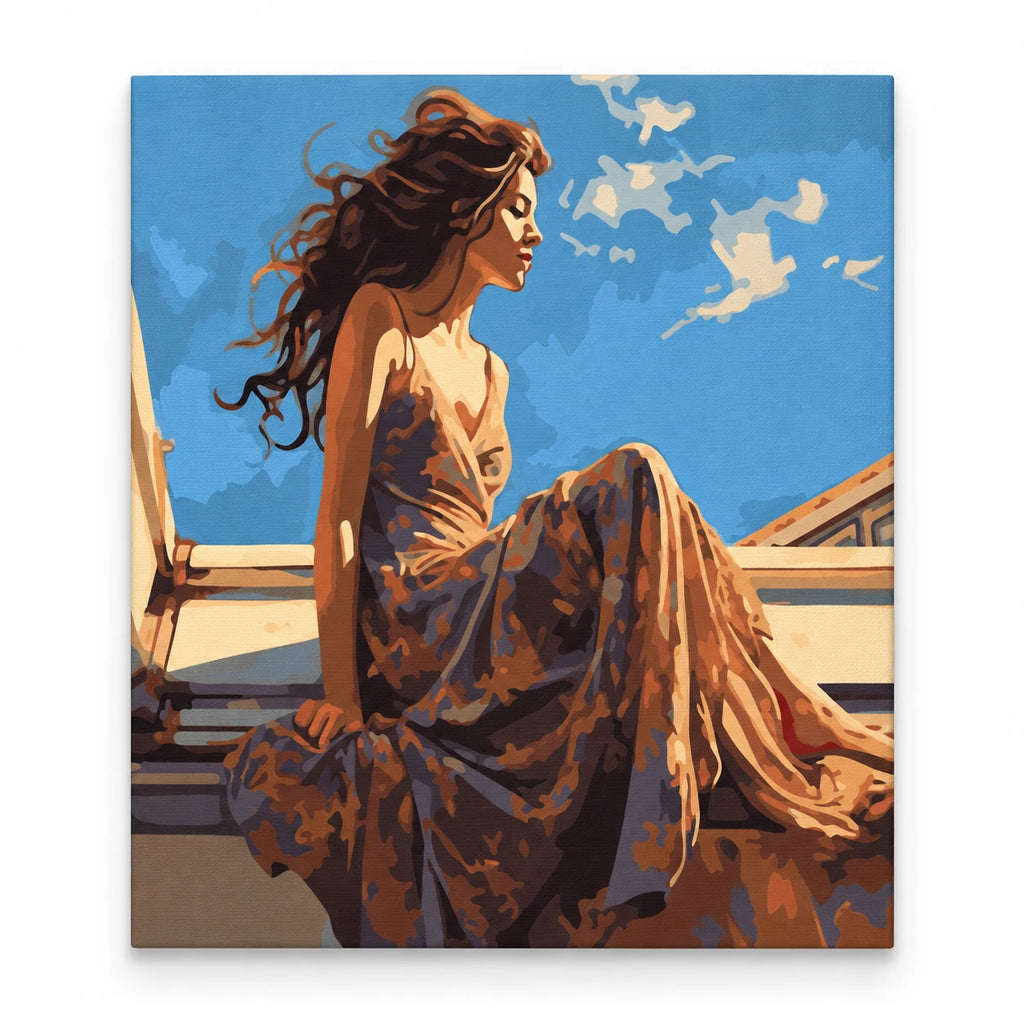 Woman in Flowing Dress by the Sea paint by numbers artwork on a front-facing canvas against a white background