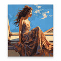 Woman in Flowing Dress by the Sea paint by numbers artwork on a front-facing canvas against a white background